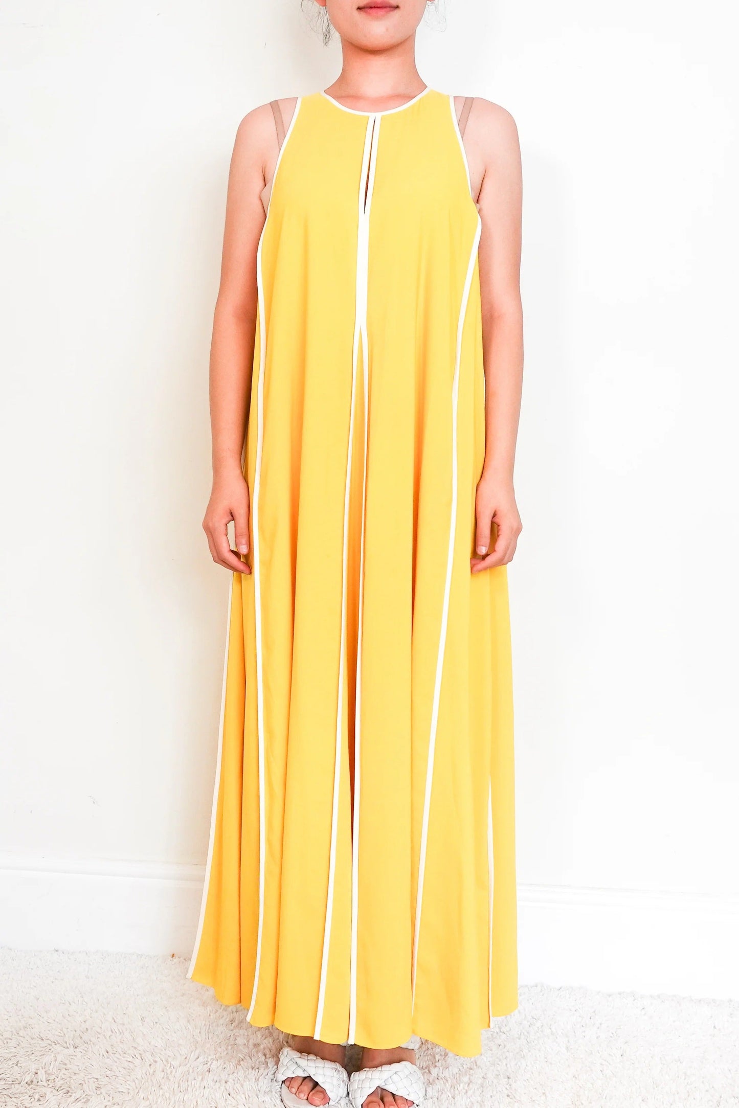 Yellow Sleeveless maxi dress with white stripes