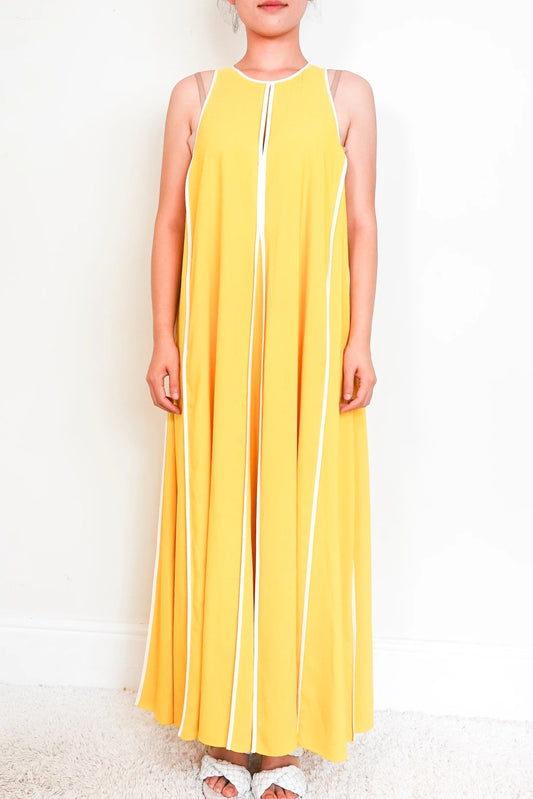 Yellow Sleeveless maxi dress with white stripes