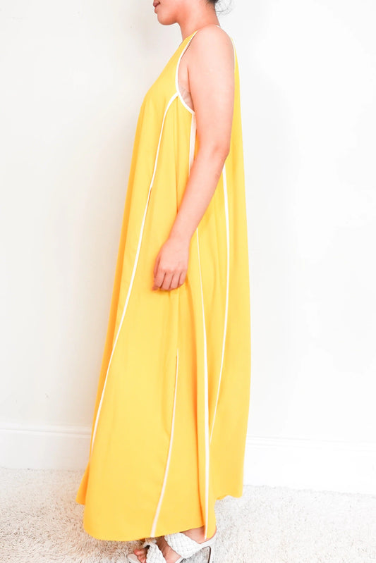 Yellow Sleeveless maxi dress with white stripes